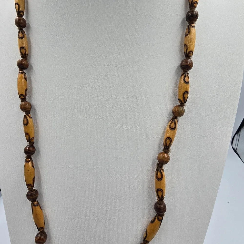 Vintage 90s Brown Wood Chunky Bead Necklace Earthy Statement Fashion Jewelry